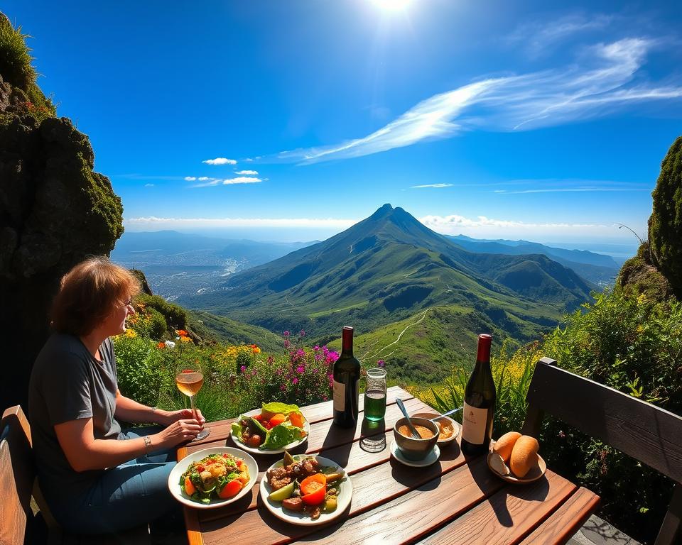 A stunning panoramic view of Pico do Arieiro, Madeira, showcasing a cozy outdoor café nestled among lush greenery. In the foreground, a rustic wooden table is set with traditional Madeiran dishes, including a colorful salad, fresh bread, and a bottle of local wine. A couple, dressed in modest casual clothing, are enjoying their meal while taking in the breathtaking scenery. The middle ground features vibrant wildflowers and scenic trails winding through the mountains. The background captures the majestic peak of Pico do Arieiro, under a clear blue sky with soft, warm sunlight illuminating the landscape. The mood is vibrant and inviting, reflecting a perfect day for hiking and culinary delight in this picturesque setting.
