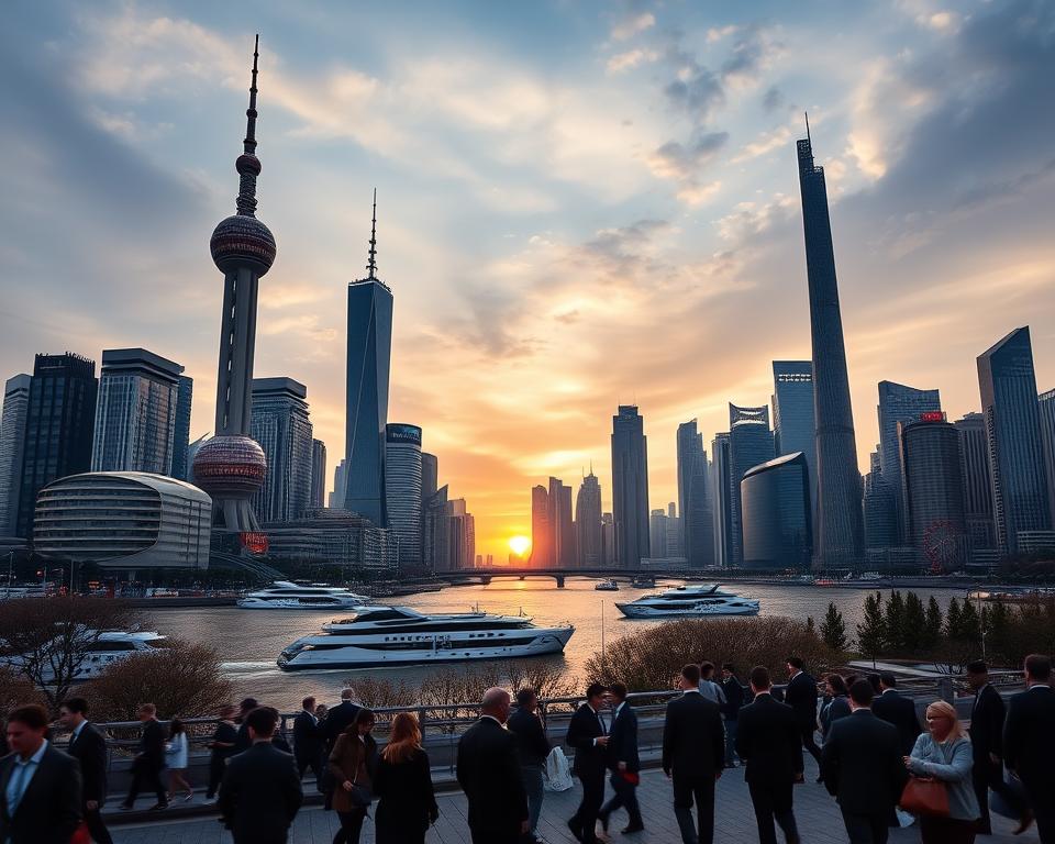 A stunning panoramic view of Shanghai's skyline during twilight, showcasing the futuristic architectural marvels like the Oriental Pearl Tower and the Shanghai Tower, glowing with vibrant colors against a dusky sky. In the foreground, a bustling street scene with people in professional business attire, reflecting the city's urban energy. The middle ground reveals the river with modern ferries gliding through, framed by sleek high-rise buildings on both banks. The background features a dramatic sunset, casting a warm golden light over the city, enhancing the contrast of the glass and steel structures. The atmosphere is lively yet serene, embodying Shanghai's essence as a megacity at the crossroads of tradition and modernity, captured from a low-angle perspective to emphasize the towering skyscrapers.
