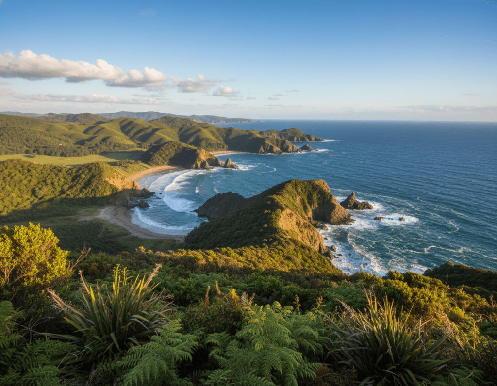 A stunning panoramic view of Stewart Island, New Zealand, showcasing its unique natural beauty. In the foreground, lush green foliage and native New Zealand plants frame the scene. The middle ground features the island’s rugged coastline with cliffs and rocky outcrops, interspersed with sandy beaches. In the background, distant rolling hills and the vast Pacific Ocean stretch toward the horizon under a clear blue sky, dotted with soft, white clouds. The scene is bathed in warm, golden sunlight, creating a tranquil and inviting atmosphere. The perspective is shot from a slightly elevated angle, emphasizing the island's vastness and diversity. The overall mood is serene and adventurous, ideal for capturing the essence of Stewart Island. A stunning panoramic view of Stewart Island, New Zealand, showcasing its unique natural beauty. In the foreground, lush green foliage and native New Zealand plants frame the scene. The middle ground features the island’s rugged coastline with cliffs and rocky outcrops, interspersed with sandy beaches. In the background, distant rolling hills and the vast Pacific Ocean stretch toward the horizon under a clear blue sky, dotted with soft, white clouds. The scene is bathed in warm, golden sunlight, creating a tranquil and inviting atmosphere. The perspective is shot from a slightly elevated angle, emphasizing the island's vastness and diversity. The overall mood is serene and adventurous, ideal for capturing the essence of Stewart Island.