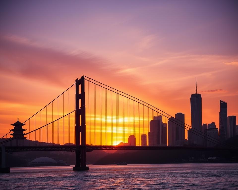 A stunning panoramic view of famous Asian bridges, featuring the Golden Gate Bridge in the foreground and the towering Hong Kong-Zhuhai-Macau Bridge elegantly arched in the middle. The background includes silhouettes of traditional pagodas and modern skyscrapers against a vibrant sunset sky, casting golden and purple hues. Soft reflections shimmer on the water below, enhancing the dramatic atmosphere. The scene is captured from a low angle, emphasizing the grandeur of the bridges, with warm lighting to evoke a sense of awe and inspiration. The overall mood is one of innovation and future visions, celebrating engineering marvels that connect cultures and landscapes. No text or overlays present.