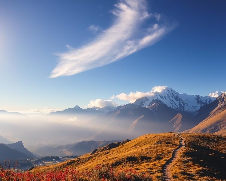 A stunning panoramic view of the Andes mountains during the ideal travel season, showcasing vibrant autumn foliage and clear blue skies. In the foreground, a serene valley with wildflowers and a winding trail leading into the mountains, inviting exploration. The middle ground features towering, snow-capped peaks reflecting the sunlight, creating a majestic backdrop. Wispy clouds drift lazily across the sky, adding depth and texture to the scene. The lighting is warm and golden, capturing the soft glow of early morning. The atmosphere feels tranquil and inspiring, perfect for adventurers seeking to discover the breathtaking Altiplano and the rugged beauty of Patagonia. The perspective is wide-angle, immersing the viewer in the vastness and grandeur of this South American highland landscape.