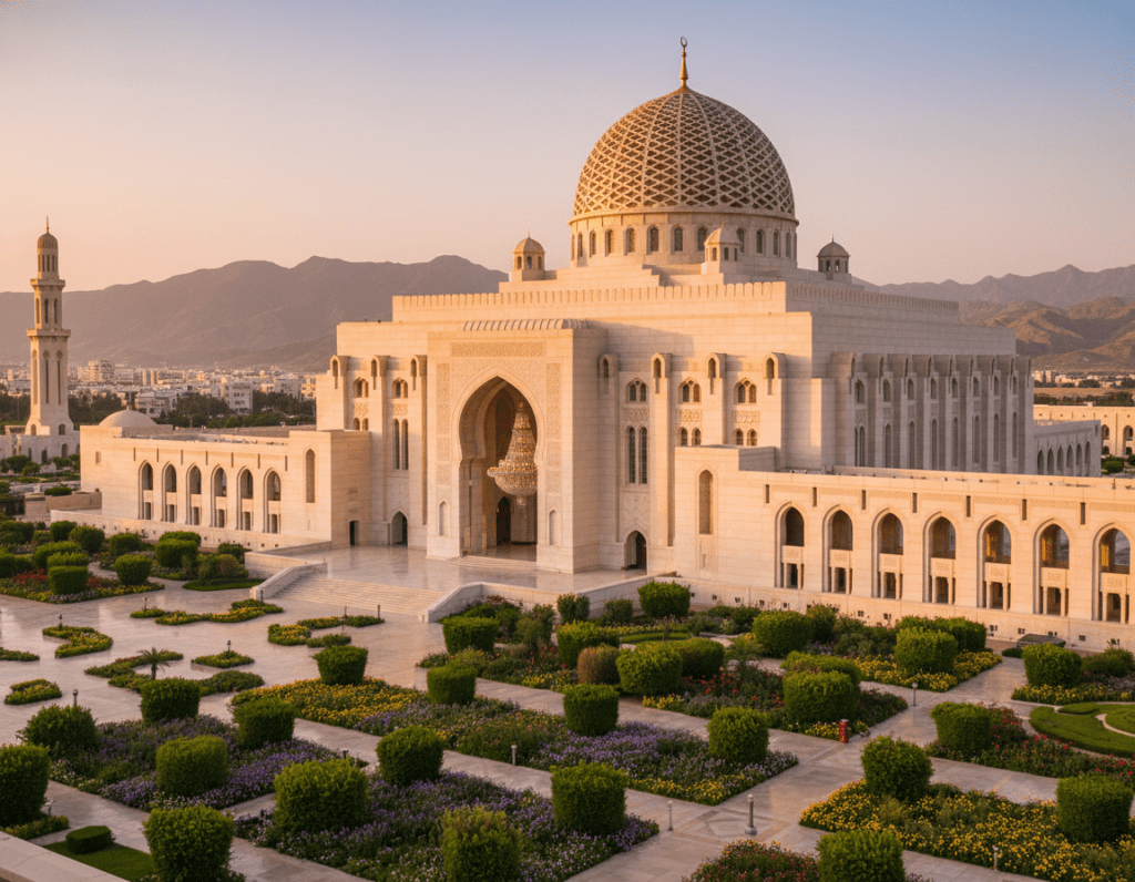 A stunning photograph of the Sultan Qaboos Grand Mosque in Muscat, Oman, captured during golden hour. In the foreground, a serene landscaped garden with lush greenery and colorful flowers frames the pathway leading to the mosque. The middle ground showcases the mosque's magnificent façade, intricately designed with beautiful geometric patterns and rich cream and gold marble. The grand dome, adorned with a glittering chandelier hanging below, is a focal point against a soft, pastel sky. In the background, distant mountains loom gently, creating a backdrop that emphasizes the mosque's architectural splendor. Warm, diffused sunlight bathes the scene, evoking a sense of tranquility and reverence, perfect for capturing the essence of a spiritual visit. Aim for a slightly elevated angle to capture depth, ensuring no human subjects are present.