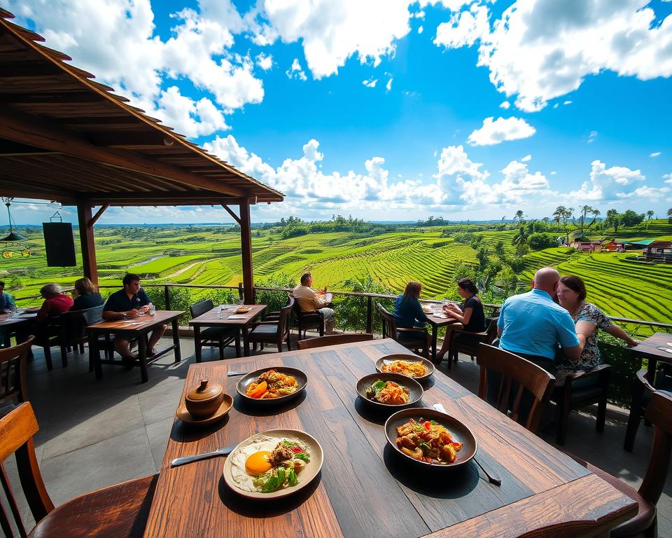 A stunning restaurant overlooking lush rice terraces in Jatiluwih, Bali. In the foreground, a rustic wooden table is elegantly set with traditional Balinese dishes, featuring vibrant colors and intricate details. The middle ground reveals a cozy, open-air restaurant filled with patrons in modest casual clothing, enjoying their meals against the backdrop of the enchanting rice fields. The background showcases layered green terraces reaching towards the horizon, under a bright blue sky with fluffy white clouds. Soft, warm sunlight bathes the scene, creating a welcoming and serene atmosphere. Capture this moment from a slight elevation, giving an expansive view that emphasizes the beauty of the landscape while focusing on the dining experience.