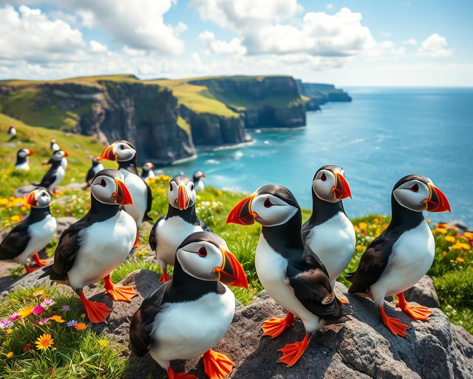 A stunning scene depicting a colony of puffins on the rugged coastline of Iceland during the summer months, showcasing their vibrant beaks in brilliant hues of orange and yellow. In the foreground, several puffins are perched on rocky ledges, their glossy black feathers contrasting with the white underbelly, capturing a sense of playful energy. The middle ground features a lush green landscape dotted with colorful wildflowers, while the distant background reveals dramatic cliffs and the shimmering Atlantic Ocean under a bright blue sky with fluffy white clouds. Soft, natural lighting highlights the puffins and emphasizes their charming expressions, evoking a lively and serene atmosphere perfect for observing these delightful birds in their natural habitat. The composition should be captured from a slightly low angle to enhance the puffins’ features and the striking Icelandic scenery.