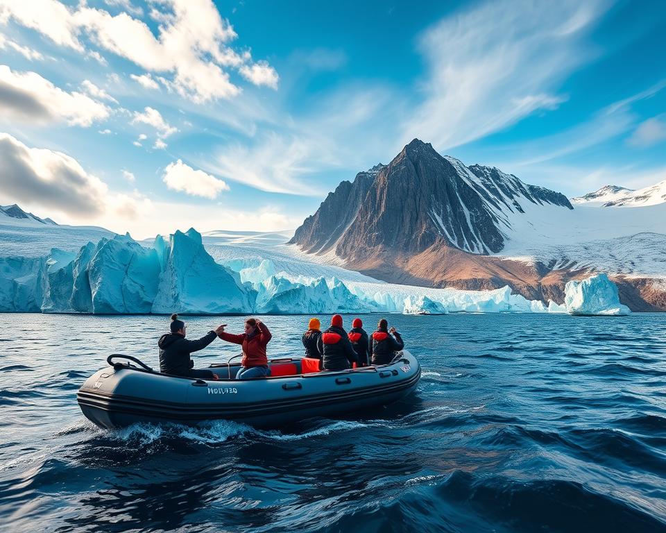A stunning scene of Zodiac excursions in the pristine wilderness of Svalbard, showcasing a small group of adventure-seekers in professional outdoor attire navigating through icy waters on a Zodiac boat. In the foreground, the rugged inflatable boat glides smoothly over the shimmering blue arctic water, with excited passengers pointing towards breathtaking icebergs. The middle ground features striking, towering glaciers and steep cliffs, illuminated by soft, golden sunlight piercing through scattered clouds. The background is a majestic panorama of untouched arctic landscape, with snow-capped mountains under a vivid, dramatic sky. The atmosphere is one of adventure and wonder, capturing the essence of exploration in one of the planet's most remote destinations. Ensure a wide-angle view to emphasize the grandeur of the surroundings. A stunning scene of Zodiac excursions in the pristine wilderness of Svalbard, showcasing a small group of adventure-seekers in professional outdoor attire navigating through icy waters on a Zodiac boat. In the foreground, the rugged inflatable boat glides smoothly over the shimmering blue arctic water, with excited passengers pointing towards breathtaking icebergs. The middle ground features striking, towering glaciers and steep cliffs, illuminated by soft, golden sunlight piercing through scattered clouds. The background is a majestic panorama of untouched arctic landscape, with snow-capped mountains under a vivid, dramatic sky. The atmosphere is one of adventure and wonder, capturing the essence of exploration in one of the planet's most remote destinations. Ensure a wide-angle view to emphasize the grandeur of the surroundings.