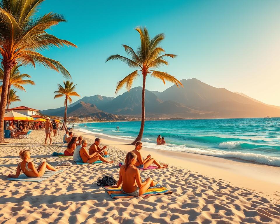 A stunning summer scene on one of the warmest Canary Islands, showcasing a bright sandy beach with gentle turquoise waves lapping the shore. In the foreground, a few sun-seekers in modest casual clothing enjoy the sun, some lounging on colorful beach towels, sipping refreshing drinks. The middle ground features swaying palm trees providing dappled shade, while a beachside café with vibrant umbrellas invites visitors. The background reveals majestic volcanic mountains, their peaks kissed by sunlight under a clear blue sky, hinting at the island's natural beauty and warmth. The atmosphere is vibrant yet relaxing, embodying the essence of summer vacation, with warm golden light illuminating the entire scene, captured from a slightly elevated angle to enhance depth and perspective.