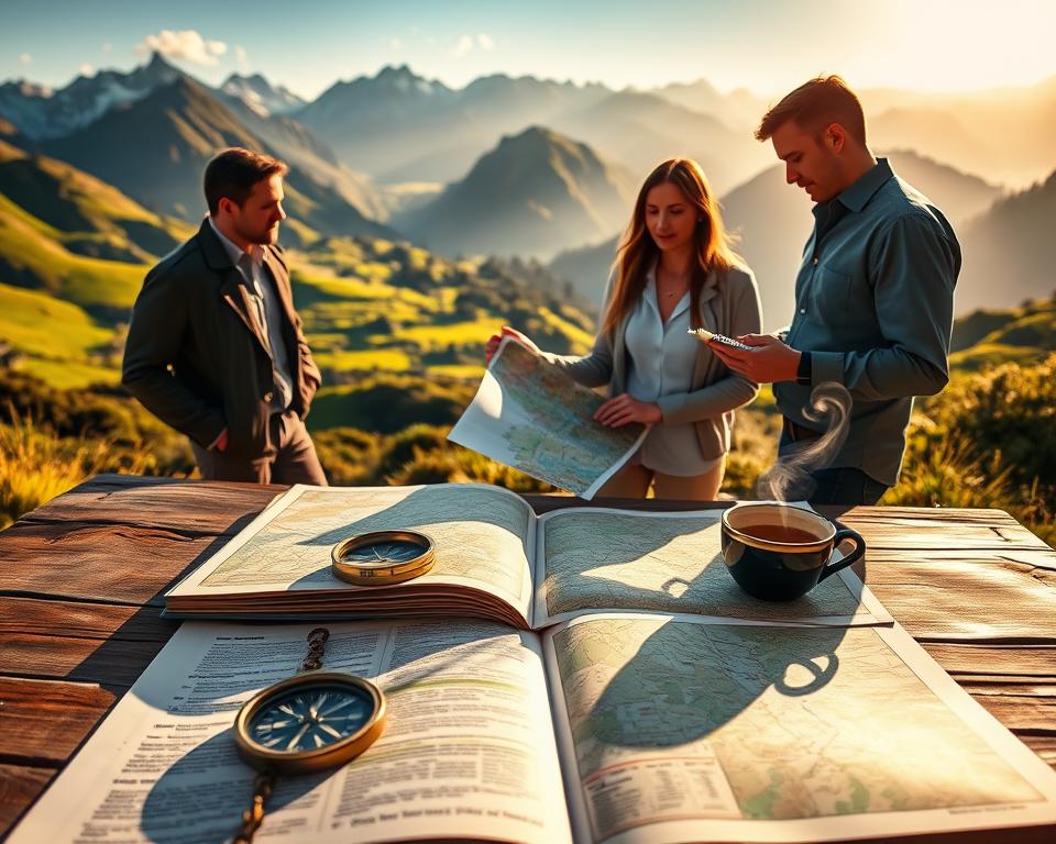 A stunning travel planning scene inspired by "The Lord of the Rings," set against a picturesque backdrop of the stunning New Zealand landscapes. In the foreground, an open travel guide lies on a rustic wooden table adorned with a compass and a cup of steaming tea, casting soft shadows under warm, ambient lighting. The middle ground features a pair of well-dressed travelers, one with a map spread out, eagerly discussing their upcoming adventure, while the other takes notes on a notepad, both in business casual attire. In the background, majestic mountains and lush green hills reminiscent of Middle-earth create a breathtaking panorama, bathed in the golden glow of the early morning sun. The mood evokes excitement and anticipation for embarking on a memorable journey.