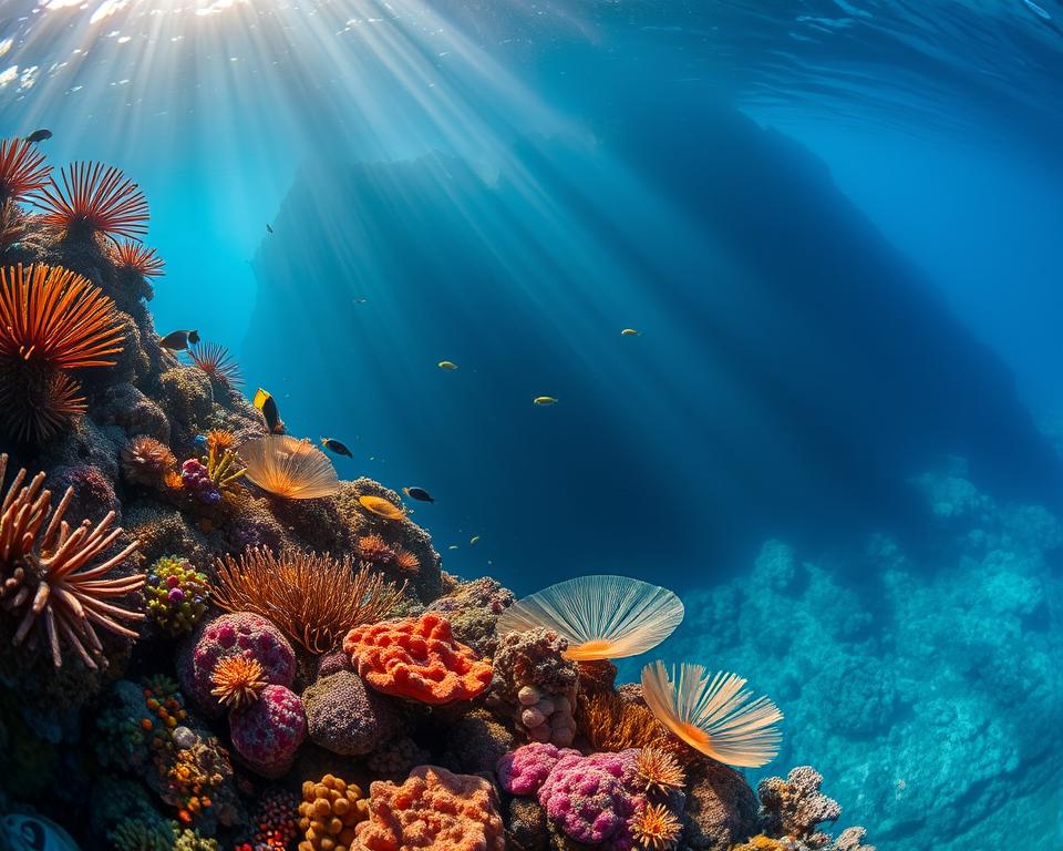 A stunning underwater scene depicting the "Drop-off" near Mauritius. In the foreground, vibrant coral reefs teem with diverse marine life, including colorful fish and swaying sea fans. The middle ground showcases the dramatic vertical drop of the ocean floor, with shadows creating depth and mystery. In the background, soft sunlight filters through the water, illuminating the deep blue abyss and creating a serene atmosphere. This underwater landscape is captured with a wide-angle lens to emphasize the scale and beauty of the underwater topography. The overall mood is tranquil yet awe-inspiring, inviting viewers to explore the hidden wonders beneath the waves.