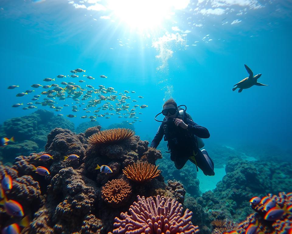 A stunning underwater scene showcasing the vibrant marine life of Bali during a diving expedition. In the foreground, a diver in modest, professional dive attire explores a coral reef, surrounded by colorful fish and intricate corals. The middle ground features a school of tropical fish darting through the water, with a sea turtle gracefully gliding nearby. In the background, the sun's rays penetrate the clear blue water, creating a beautiful interplay of light and shadows. The atmosphere is serene and inviting, highlighting Bali's captivating underwater world. The image should have a wide-angle perspective to capture the expansive beauty of the reef, with soft lighting to evoke a sense of tranquility and wonder.