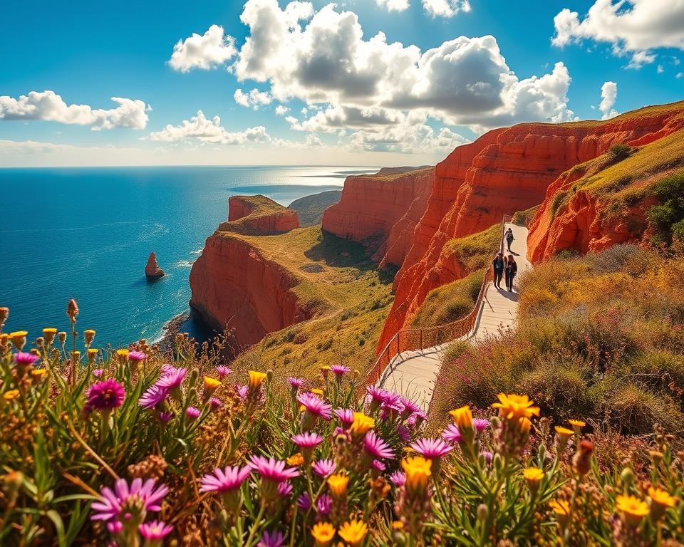 A stunning view from the Falésia Klippenweg, showcasing the vibrant orange and red cliffs of Praia da Falesia, Portugal. In the foreground, wildflowers in shades of purple and yellow create a lush, natural border. The middle ground features a winding path that leads to the edge of the towering cliffs, where visitors can be seen in modest casual clothing, admiring the breathtaking vista. The background reveals the expansive Atlantic Ocean, shimmering under a bright blue sky with fluffy white clouds, enhancing the scene's tranquility. The lighting is soft, capturing the warm glow of late afternoon sun, creating a serene and inviting atmosphere. The angle is slightly elevated, offering a panoramic perspective of this picturesque landscape.