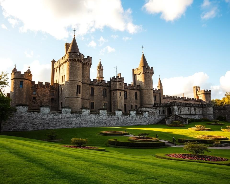 A stunning view of Alnwick Castle, prominently featured in the Harry Potter films, capturing both its majestic stone walls and intricate turrets. In the foreground, the lush green lawns and meticulously maintained gardens invite the viewer into the scene. The castle stands in the middle ground, showcasing its historical architecture bathed in warm, golden sunlight, emphasizing the textures of the weathered stone. In the background, a clear blue sky creates a serene atmosphere, while fluffy white clouds add depth. The angle should be slightly elevated to showcase the castle’s grandeur and its sweeping surroundings. The mood conveys a sense of wonder and adventure, perfect for evoking the magic of flying lessons for aspiring young wizards.