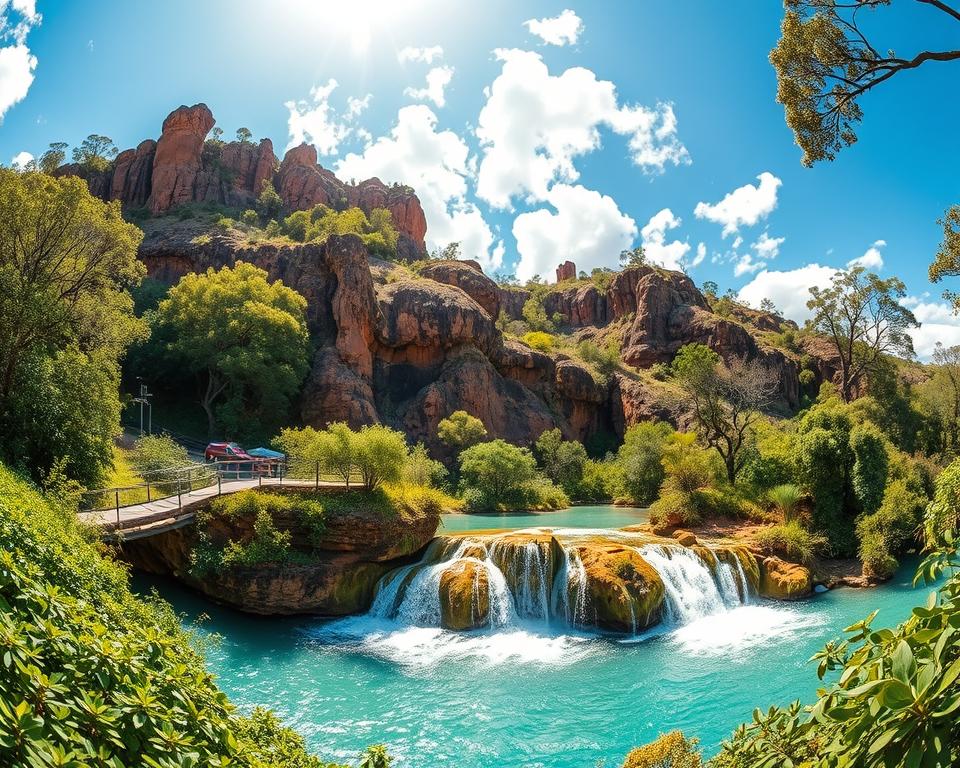 A stunning view of Baden Kakadu, featuring a cascading waterfall surrounded by lush, green vegetation in the foreground. The vibrant turquoise water at the base of the waterfall invites viewers to imagine a refreshing swim. In the middle, rugged cliffs rise majestically, showcasing unique rock formations and a rich array of plants native to the Kakadu National Park. The background reveals a clear blue sky with scattered white clouds, hinting at a warm, sunny day. Soft sunlight filters through the trees, creating dappled patterns on the ground, enhancing the serene and tranquil atmosphere of this Australian oasis. The scene is captured with a wide-angle lens to emphasize the expansive beauty of the landscape.