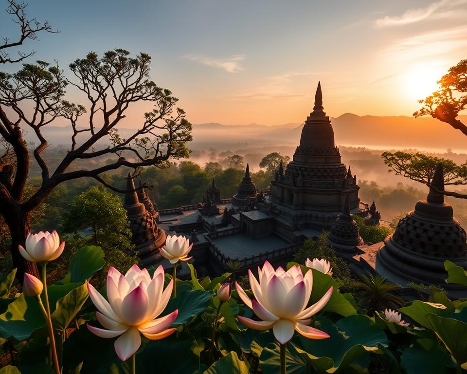 A stunning view of Borobudur Temple, with its intricate stone carvings and massive stupas, situated amidst lush green landscapes of Java. In the foreground, delicate lotus flowers are visible, symbolizing enlightenment. The middle ground showcases the temple’s terraces ascending towards the sky, framed by ancient trees. In the background, soft fog envelops the distant hills, creating a mystical atmosphere. The scene is illuminated by the warm glow of sunrise, casting gentle rays that accentuate the temple’s architectural details. The image is captured from a low angle, emphasizing the grandeur of Borobudur against a serene sunrise sky. The mood is peaceful and reflective, inviting viewers to explore the spiritual and cultural significance of this UNESCO World Heritage site. A stunning view of Borobudur Temple, with its intricate stone carvings and massive stupas, situated amidst lush green landscapes of Java. In the foreground, delicate lotus flowers are visible, symbolizing enlightenment. The middle ground showcases the temple’s terraces ascending towards the sky, framed by ancient trees. In the background, soft fog envelops the distant hills, creating a mystical atmosphere. The scene is illuminated by the warm glow of sunrise, casting gentle rays that accentuate the temple’s architectural details. The image is captured from a low angle, emphasizing the grandeur of Borobudur against a serene sunrise sky. The mood is peaceful and reflective, inviting viewers to explore the spiritual and cultural significance of this UNESCO World Heritage site.