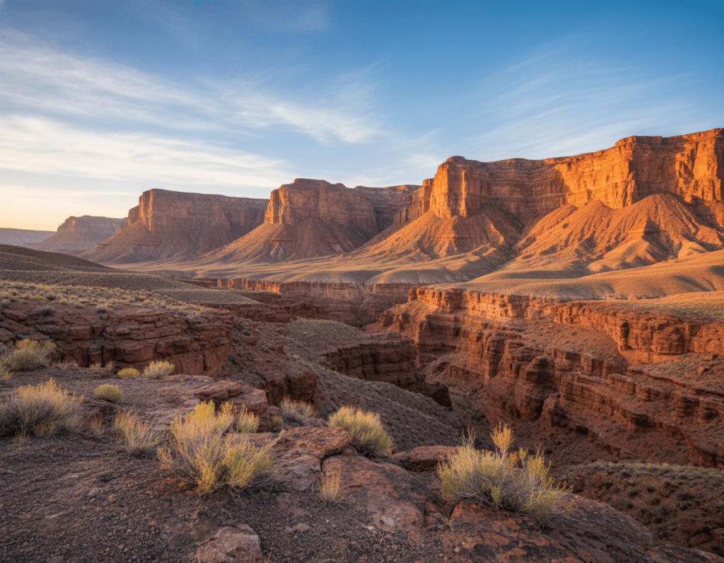 A stunning view of Charyn Canyon at sunrise, showcasing its dramatic red and orange rock formations illuminated by the soft golden light. In the foreground, rugged rocky terrain accented by sparse vegetation, leading the viewer's eye towards the massive canyon walls. The middle ground features the breathtaking cliffs rising sharply, displaying layers of sedimentary rocks in vibrant hues. In the background, a clear blue sky mingles with wisps of clouds, enhancing the vastness of the landscape. Capture a sense of tranquility and awe, with an inviting atmosphere that encourages exploration. Use a wide-angle lens to emphasize the grandeur of the canyon, with a focus on the intricate details of the rock textures. No people in the scene, ensuring a pure focus on the natural beauty of Charyn Canyon. A stunning view of Charyn Canyon at sunrise, showcasing its dramatic red and orange rock formations illuminated by the soft golden light. In the foreground, rugged rocky terrain accented by sparse vegetation, leading the viewer's eye towards the massive canyon walls. The middle ground features the breathtaking cliffs rising sharply, displaying layers of sedimentary rocks in vibrant hues. In the background, a clear blue sky mingles with wisps of clouds, enhancing the vastness of the landscape. Capture a sense of tranquility and awe, with an inviting atmosphere that encourages exploration. Use a wide-angle lens to emphasize the grandeur of the canyon, with a focus on the intricate details of the rock textures. No people in the scene, ensuring a pure focus on the natural beauty of Charyn Canyon.