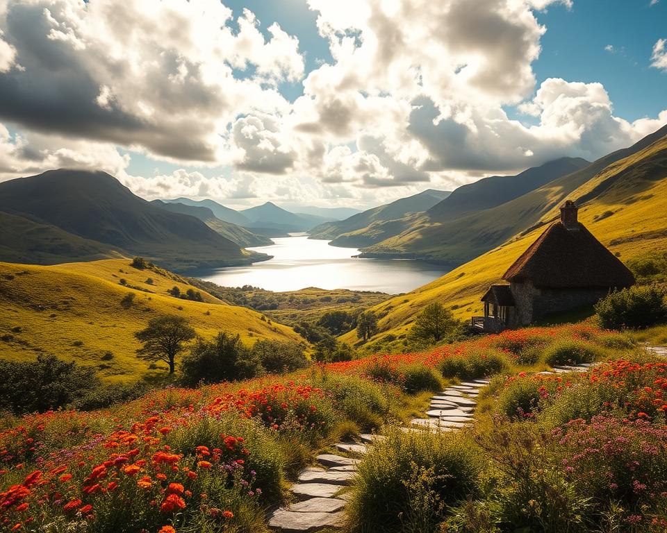 A stunning view of Connemara, Ireland, showcasing lush, rolling green hills under a dramatic sky filled with fluffy white clouds. In the foreground, a winding stone path leads through vibrant wildflowers, inviting exploration. A charming, traditional Irish cottage with a thatched roof is nestled among the trees, conveying a sense of history and warmth. In the middle ground, a shimmering lake reflects the surrounding mountains, adding depth to the scene. The light is warm and golden, suggesting a late afternoon sun casting soft shadows, creating a serene atmosphere. The image should be framed with a slight tilt, capturing the essence of adventure and tranquility in this picturesque Irish landscape.