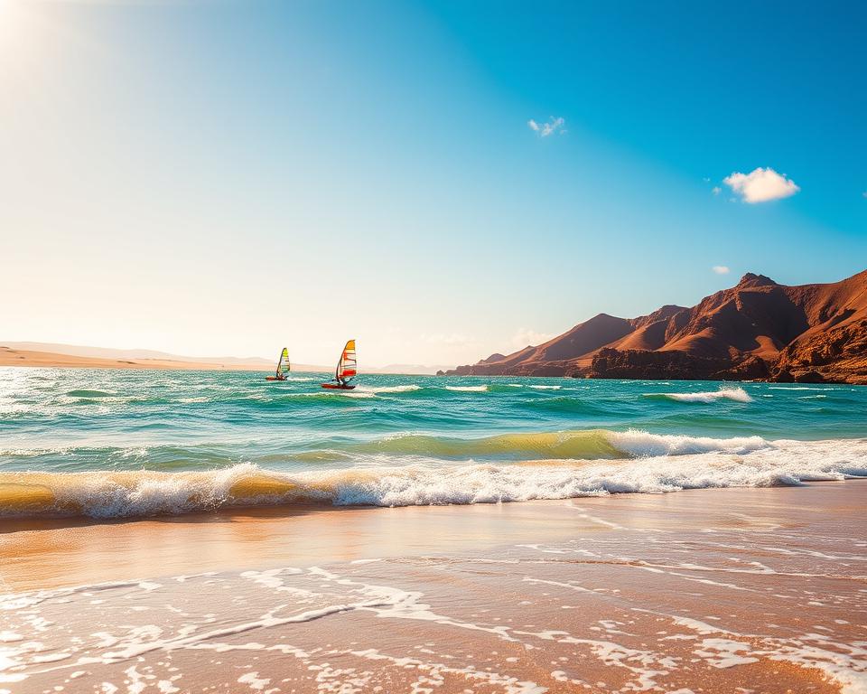 A stunning view of Fuerteventura, showcasing its unique landscape characterized by rolling sand dunes and rocky cliffs. In the foreground, gentle waves lap against the shore, reflecting the warm afternoon sunlight. In the middle ground, windsurfers can be seen skillfully navigating the choppy waters, their colorful sails billowing in the robust, sunlit breeze. The background features a clear blue sky dotted with a few wispy clouds, accentuating the island's arid environment and vibrant atmosphere. The overall composition captures the essence of Fuerteventura's warm, dry climate, emphasizing the windy conditions typically experienced on the island. The lighting is bright and warm, conveying a sense of adventure and natural beauty, as viewed from a slightly elevated angle to capture the expansive scenery.