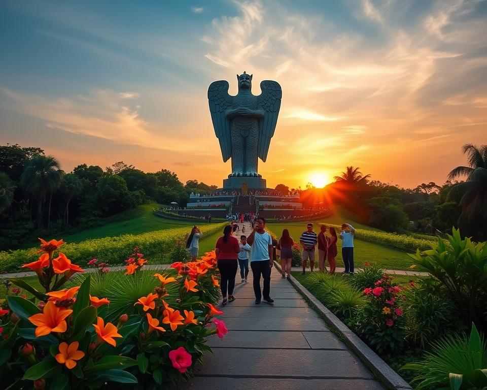 A stunning view of Garuda Wisnu Kencana Cultural Park during the golden hour, highlighting the magnificent statue of Garuda Wisnu towering above lush green landscapes. In the foreground, vibrant tropical flowers and native plants in full bloom surround the pathway leading to the statue, creating an inviting atmosphere. The middle ground features tourists in modest casual attire admiring the intricate details of the statue and taking photographs, conveying a sense of wonder and exploration. In the background, the sun sets, casting warm orange and pink hues across the sky, adding a magical quality to the scene. Capture the serene mood of this cultural landmark with a slightly elevated angle, emphasizing the scale of the statue and the natural beauty of the surroundings. A stunning view of Garuda Wisnu Kencana Cultural Park during the golden hour, highlighting the magnificent statue of Garuda Wisnu towering above lush green landscapes. In the foreground, vibrant tropical flowers and native plants in full bloom surround the pathway leading to the statue, creating an inviting atmosphere. The middle ground features tourists in modest casual attire admiring the intricate details of the statue and taking photographs, conveying a sense of wonder and exploration. In the background, the sun sets, casting warm orange and pink hues across the sky, adding a magical quality to the scene. Capture the serene mood of this cultural landmark with a slightly elevated angle, emphasizing the scale of the statue and the natural beauty of the surroundings.