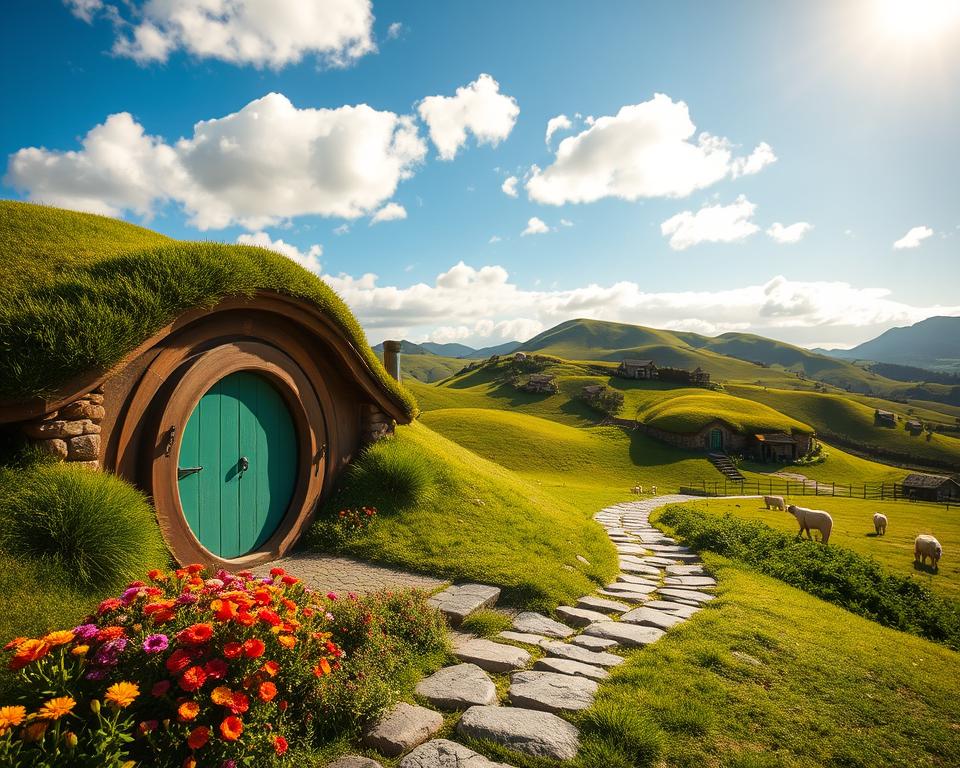 A stunning view of Hobbiton in Matamata, showcasing the iconic round-door hobbit holes nestled into lush green hills. In the foreground, vibrant flowers bloom alongside a quaint stone path leading to a beautifully crafted hobbit hole adorned with a colorful door and chimney. The middle ground features rolling hills dotted with more hobbit homes, each uniquely designed, surrounded by lush pastures and grazing sheep. In the background, gentle hills rise under a brilliant blue sky with soft, fluffy clouds, creating a serene atmosphere. The lighting is warm and inviting, capturing the magic of a sunny day in the Shire. The scene evokes a sense of wonder and nostalgia as if stepping into a fairy tale. A slight, idyllic breeze whispers through the landscape, enhancing the peaceful ambiance of this enchanting place.