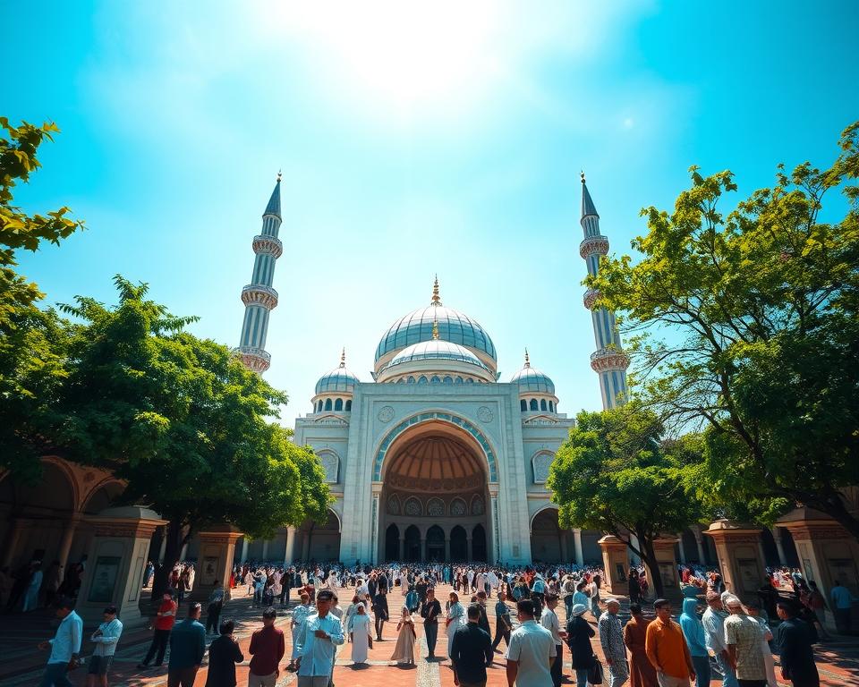 A stunning view of Istiqlal Mosque, the largest mosque in Southeast Asia, set in Jakarta. In the foreground, the grand entrance with its impressive archways and intricate Islamic patterns. The middle ground showcases the expansive courtyard bustling with people dressed in modest, respectful attire, engaging in prayer and reflection. The mosque's iconic dome glistens under the bright sunlight, symbolizing tranquility and faith. In the background, lush green trees frame the mosque, enhancing its beauty against a clear blue sky. The lighting is bright and vibrant, capturing the essence of a serene day. The angle is slightly elevated, providing a panoramic view that emphasizes the mosque's architectural grandeur. The overall atmosphere is peaceful and inviting, reflecting the significance of this spiritual landmark.
