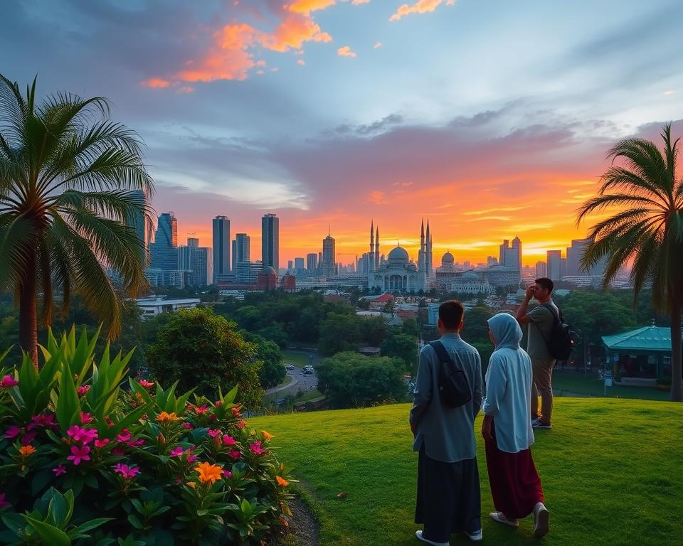 A stunning view of Jakarta at sunset, showcasing the city's iconic skyline with modern skyscrapers and traditional architecture in a harmonious blend. In the foreground, a lush green park with vibrant tropical flowers and palm trees invites visitors to relax. The middle ground features a panoramic view of famous landmarks like the National Monument and the Istiqlal Mosque, bathed in warm, golden lighting. The background showcases a colorful sky transitioning from orange to deep blue, hinting at the vibrant life of the city. Capture the essence of an ideal travel season, with a few people in modest casual clothing leisurely enjoying the scenery. The atmosphere is inviting and energetic, ideal for planning an unforgettable sightseeing adventure. Use a wide-angle lens to emphasize the city's grandeur.