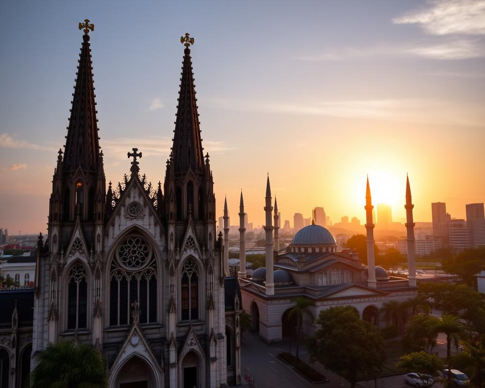 A stunning view of Jakarta showcasing the grand cathedral, with its intricate gothic architecture featuring towering spires and beautiful stained glass windows in the foreground. The middle ground displays a local mosque with its elegant dome and minarets, emphasizing the harmonious coexistence of diverse religions. In the background, the bustling Jakarta skyline glimmers under the warm glow of a setting sun, casting a soft, golden light across the scene. It's early evening, creating an inviting atmosphere filled with serenity and cultural richness. Capture the image from a slightly elevated angle, utilizing a wide-angle lens to highlight the proximity of the cathedral and mosque, and ensure the composition evokes a sense of unity and peace in the city.