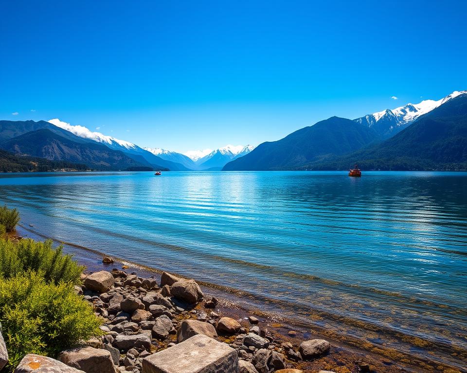 A stunning view of Lake Nahuel Huapi under a clear blue sky, reflecting the surrounding mountains. In the foreground, show a rocky shore with lush green vegetation and gentle waves lapping at the rocks. In the middle ground, depict a tranquil lake surface with subtle ripples, and a few colorful boats drifting. The background should feature the majestic Andes mountains, partially shrouded in mist, their peaks glowing in the warm sunlight. Capture the mood of a peaceful, sunny day, emphasizing the serenity of nature. Use natural lighting to highlight the vibrant colors of the landscape. The composition should convey a sense of calm and beauty, inviting viewers to experience the environment. No people in the scene. A stunning view of Lake Nahuel Huapi under a clear blue sky, reflecting the surrounding mountains. In the foreground, show a rocky shore with lush green vegetation and gentle waves lapping at the rocks. In the middle ground, depict a tranquil lake surface with subtle ripples, and a few colorful boats drifting. The background should feature the majestic Andes mountains, partially shrouded in mist, their peaks glowing in the warm sunlight. Capture the mood of a peaceful, sunny day, emphasizing the serenity of nature. Use natural lighting to highlight the vibrant colors of the landscape. The composition should convey a sense of calm and beauty, inviting viewers to experience the environment. No people in the scene.