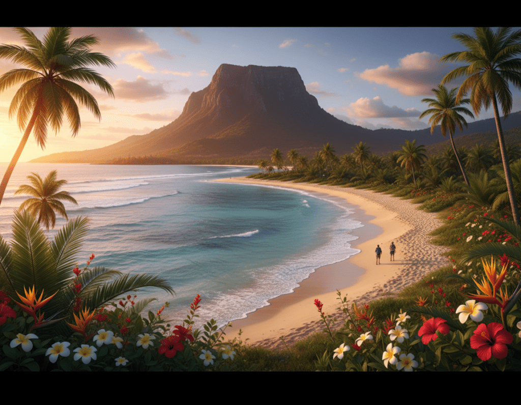 A stunning view of Le Morne Brabant, an iconic mountain on Mauritius, rising majestically from lush green landscapes. In the foreground, vibrant tropical flora, with palm trees and colorful flowers, adds a touch of paradise. In the middle, a tranquil beach with soft golden sands, inviting clear turquoise waters gently lapping at the shore. In the background, the towering silhouette of Le Morne Brabant, dramatically illuminated by the warm glow of a setting sun, casting long shadows and creating a serene atmosphere. A few distant hikers in modest clothing can be seen on the trails, embodying adventure. The image should be captured with a wide-angle lens to emphasize the grandeur of the landscape, evoking a sense of exploration and peace in this UNESCO World Heritage site.