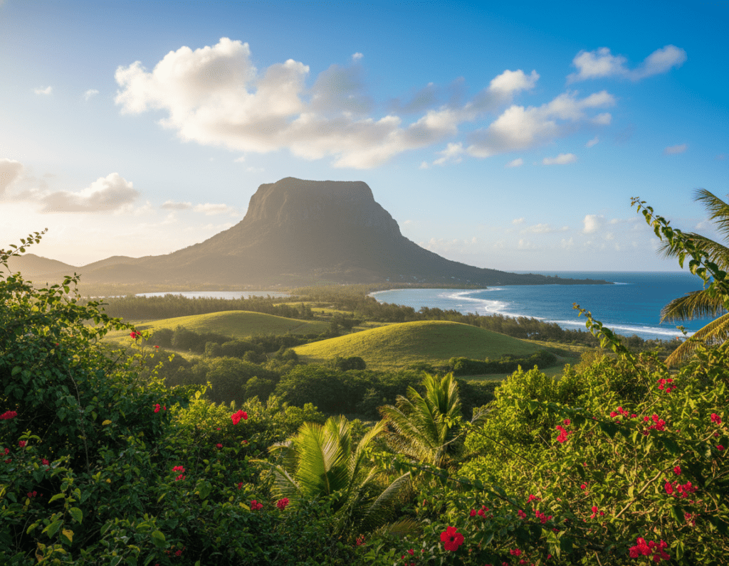 A stunning view of Le Morne Brabant in Mauritius, showcasing its iconic, flat-topped mountain rising dramatically against a vivid blue sky. In the foreground, lush tropical greenery with vibrant flora, framing the scene with a sense of life and vitality. The middle ground features gentle rolling hills that lead to the mountain base, bathed in soft, natural sunlight that highlights the textures of the landscape. In the background, the turquoise waters of the Indian Ocean shimmer under the warm sunlight. The mood is serene and inspiring, evoking a sense of tranquility and natural beauty. Shot at a slightly elevated angle to capture the grandeur of the mountain and its surroundings, the scene is perfect for illustrating its significance as a UNESCO World Heritage site.