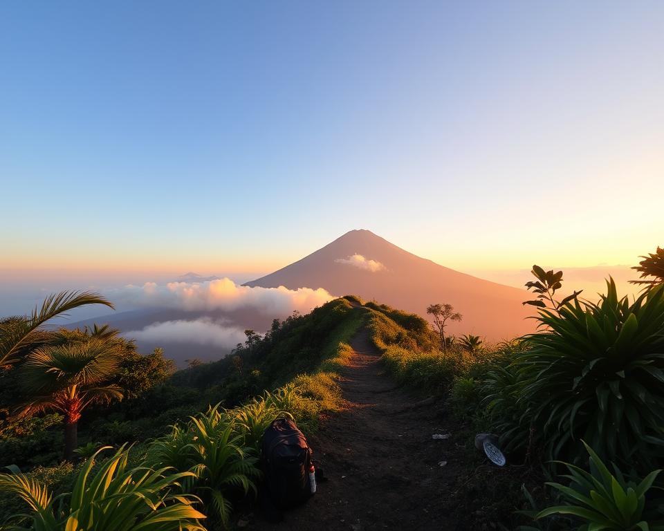 A stunning view of Mount Agung, Bali, during the early morning golden hour, with soft sunlight illuminating the lush tropical vegetation in the foreground. In the center, a winding trail leads up the mountain, suggesting the preparation for an adventurous hike. Scattered hiking gear, like a backpack and water bottle, lies near the trail to emphasize readiness for the journey. In the background, the majestic peak of Mount Agung towers above the landscape, partially shrouded in mystical mist. The sky is painted with warm hues of orange and pink, creating a serene and inviting atmosphere. Capture this outdoor scene with a wide-angle lens to emphasize depth and grandeur, conveying a sense of wonder and excitement for travelers preparing to explore this breathtaking destination.