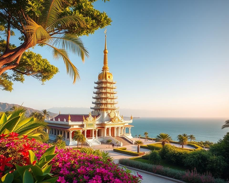 A stunning view of Nanshan Temple in Sanya, China, showcasing its intricate architecture and serene surroundings. In the foreground, a beautifully landscaped garden filled with vibrant tropical flowers and lush greenery leads to the temple. The middle ground features the temple's majestic towering structures adorned with golden details, reflecting traditional Chinese architecture. In the background, the picturesque coastline of Sanya with soft waves under a clear blue sky enhances the tranquil atmosphere. The scene is illuminated by soft, warm sunlight, creating gentle shadows and highlights that enhance the temple’s beauty. Capture this breathtaking scene with a wide-angle lens to provide a sense of scale and wonder. The overall mood should be peaceful and inspiring, inviting viewers to appreciate this cultural gem.