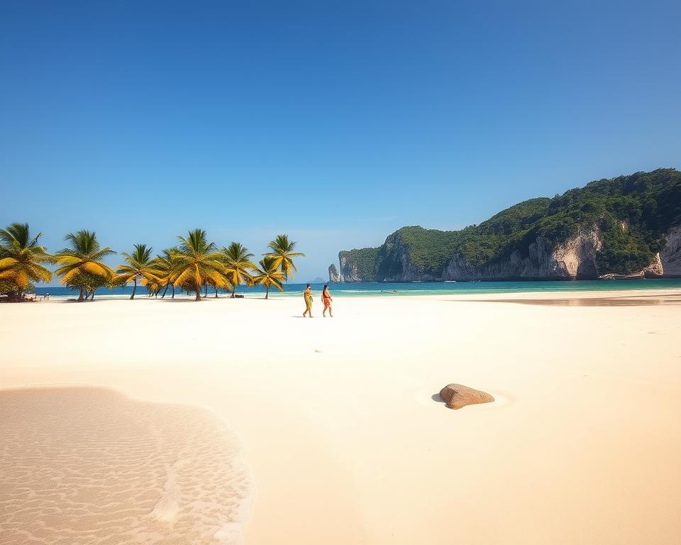 A stunning view of Paradise Beach in Vietnam, showcasing soft white sands stretching along the turquoise waters. In the foreground, gentle waves lap at the shore, with a few smooth stones scattered among the sand. The middle ground features lush green palm trees swaying in a light breeze, while a couple of people in modest beach attire stroll along the beach, creating a sense of leisure and relaxation. In the background, soft cliffs rise majestically, dotted with dense foliage under a clear blue sky. The sunlight casts warm, golden hues across the scene, enhancing the tropical paradise vibe. Capture the scene from a slightly elevated angle to encompass the expansive beach and inviting ocean, evoking a tranquil and idyllic atmosphere that invites adventure in this natural wonder.