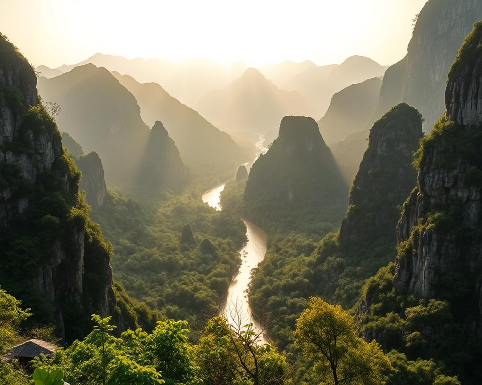 A stunning view of Phong Nha-Ke Bang National Park, showcasing its rich history and unique geological features. In the foreground, have a vibrant limestone formation with lush greenery emerging from the rocks. The middle ground should feature a serene river winding through the dense forest, reflecting the morning light. In the background, towering karst mountains bathed in soft, golden sunlight create a dramatic skyline, conveying the park's ancient origins. The atmosphere should be tranquil and mystical, enhanced by morning mist rising from the forest floor. Capture the scene with a slightly elevated angle, utilizing a wide-angle lens to emphasize the scale of the landscape. Ensure the lighting is warm and inviting, casting gentle shadows that add depth and dimension.