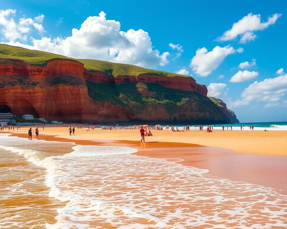A stunning view of Praia da Falésia in Portugal during the ideal travel season, showcasing vibrant golden sands and dramatic red cliffs. In the foreground, gentle waves lapping at the shore with a few beachgoers in modest casual clothing enjoying the sunny weather. The middle ground features a vibrant beach scene with people relaxing under colorful umbrellas, and families playing frisbee. In the background, lush green cliffs rise majestically, dotted with Mediterranean vegetation under a bright blue sky filled with fluffy white clouds. The scene is illuminated by warm morning sunlight, creating a cheerful, inviting atmosphere. The angle is a wide shot from slightly above the beach, capturing the expanse of the coastline.