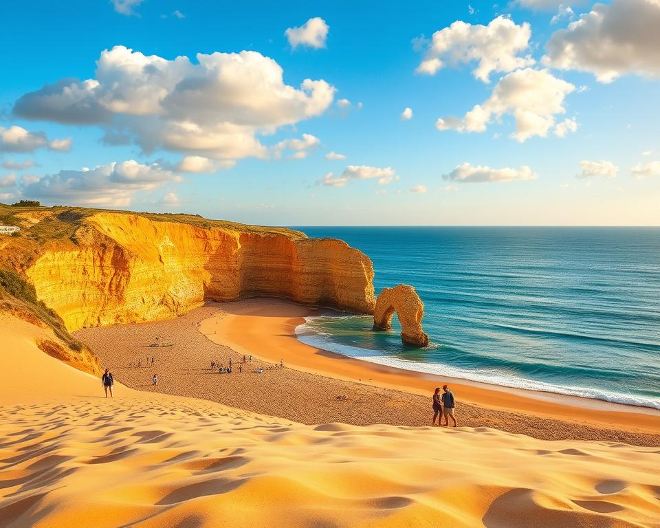 A stunning view of Praia do Túnel Strand in Albufeira, featuring golden rock formations contrasting against the vibrant blue sea. In the foreground, soft golden sand gently curves towards the water, with a few beachgoers in modest casual clothing enjoying the sun. The middle ground showcases the iconic golden cliffs, shaped by the waves, providing a dramatic backdrop. In the background, the sky is painted in warm hues of sunset, with scattered clouds catching the light, creating a serene and inviting atmosphere. The scene is well-lit with soft, golden hour sunlight, capturing the essence of a perfect beach day. The angle is slightly elevated, giving a panoramic view that emphasizes the natural beauty of the coastline.