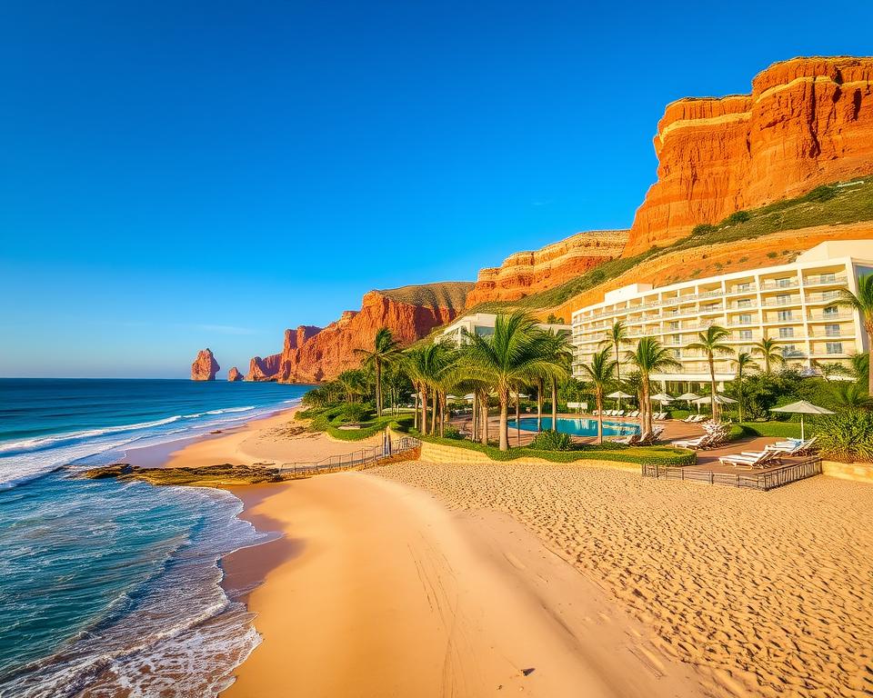 A stunning view of Resort Praia da Falésia, featuring elegant and modern architecture nestled among lush greenery. In the foreground, a pristine sandy beach stretches along the coastline, with gentle waves lapping at the shore. The middle ground captures the resort's inviting pool area, adorned with comfortable lounge chairs and palm trees for shade. In the background, dramatic red cliffs rise against a vivid blue sky, enhancing the beauty of this idyllic setting. Soft golden lighting of a late afternoon bathes the scene, creating a warm and inviting atmosphere. The angle of the shot highlights the resort's proximity to the beach, emphasizing its appeal as a perfect getaway destination. The overall mood conveys tranquility and luxury in a picturesque coastal setting.