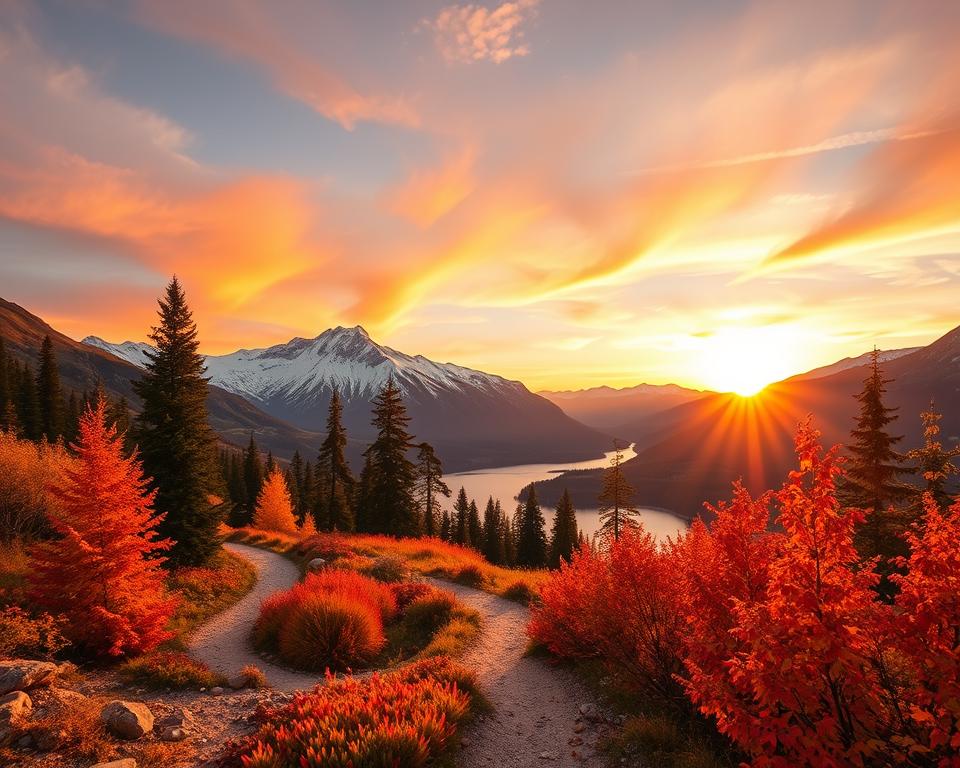 A stunning view of Revelstoke National Park in Canada during the golden hour, showcasing vibrant autumn foliage in the foreground with a winding trail leading towards snow-capped mountains. In the middle ground, picturesque evergreen trees and a serene lake reflect the colorful sky. The background features majestic, rugged peaks under a warm, pastel sunset, creating a tranquil yet invigorating atmosphere. The scene is bathed in soft, natural lighting that highlights the rich textures of the landscape. Capture this breathtaking vista from a slightly elevated angle to emphasize the depth and beauty of the park, evoking a sense of adventure and exploration for travelers.