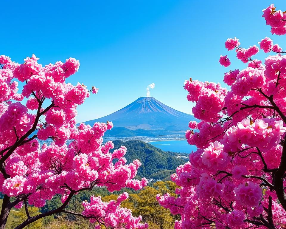 A stunning view of Sakurajima, a prominent volcano in Kyushu, Japan, capturing its majestic landscape. In the foreground, vibrant cherry blossom trees are in full bloom, their pink petals fluttering gently in the breeze. The middle ground features the iconic Sakurajima volcano, rising majestically against a clear blue sky, with steam gently wafting from its summit. The background displays distant green hills and the sparkling waters of Kagoshima Bay. The lighting is warm and inviting, reminiscent of late afternoon sun casting soft shadows. The atmosphere reflects tranquility and the natural beauty of the region, inviting viewers to explore this captivating volcanic island. The composition is perfectly balanced, presenting a breathtaking glimpse into the highlights of Sakurajima's landscape without any text or distractions.