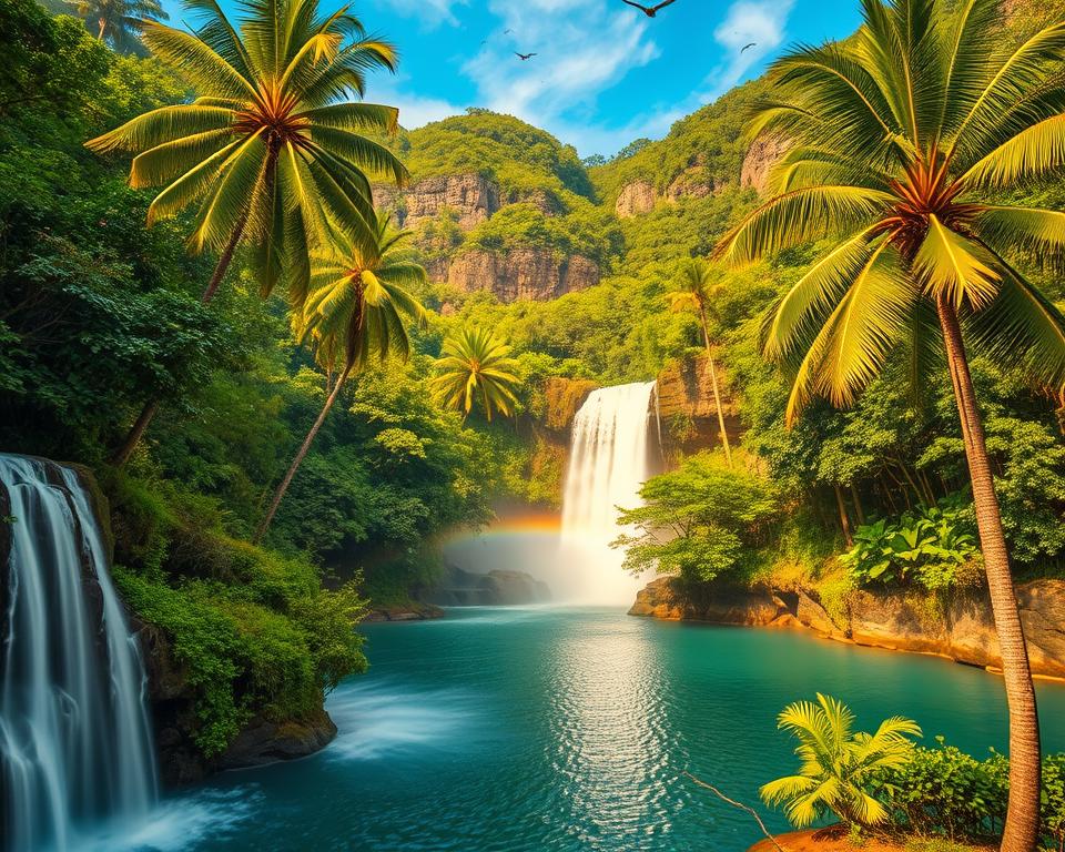 A stunning view of Sekumpul Waterfalls, cascading down lush green cliffs surrounded by vibrant tropical foliage. In the foreground, gentle mist rises from the base of the falls, catching the sunlight and creating a rainbow effect. The middle ground features a serene pool reflecting the clear blue sky and verdant trees. Tall palm trees frame the scene, enhancing the sense of tranquility and connection to nature. In the background, the cliffs tower majestically, covered in rich greenery, with a few scattered birds soaring above. The lighting is warm and golden, evoking a peaceful, inviting atmosphere. Use a wide-angle lens to capture the expansive beauty of the landscape, ensuring no human figures are present in the scene.