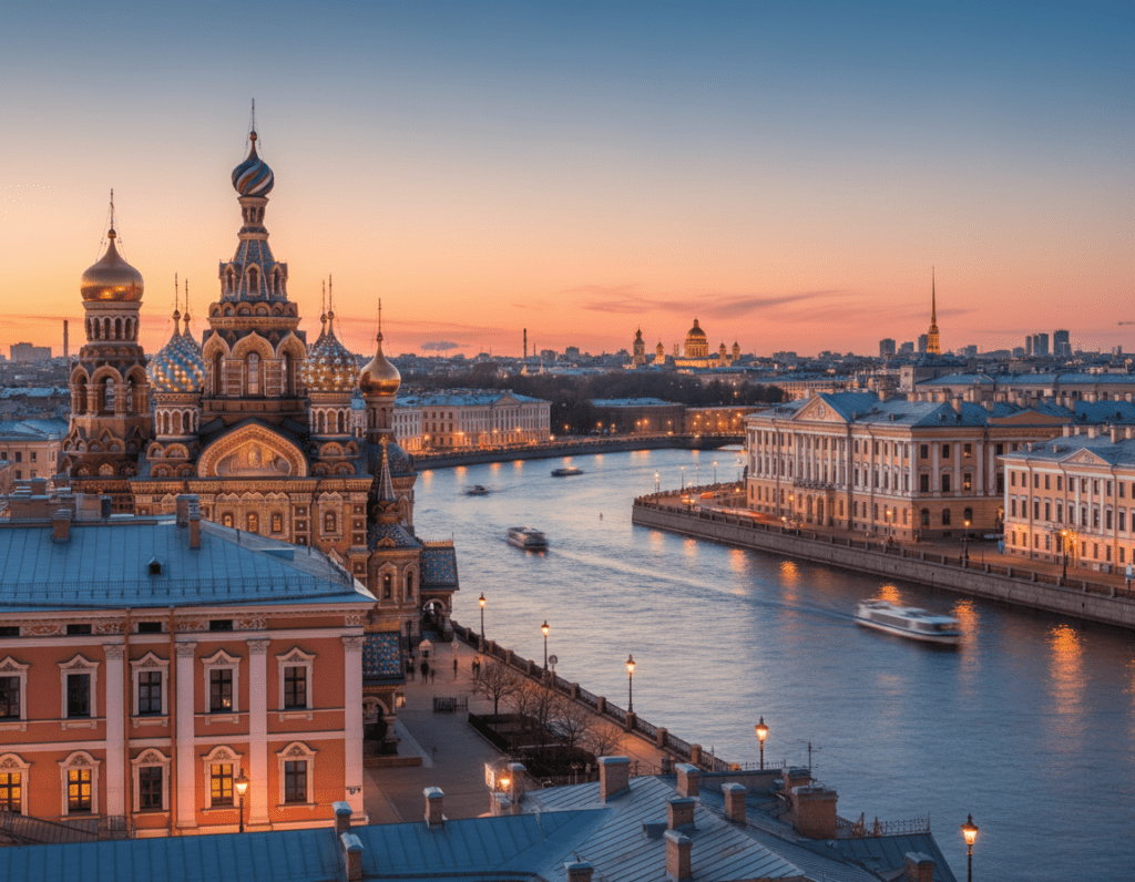 A stunning view of St. Petersburg, showcasing the iconic Church of the Savior on Blood in the foreground with its colorful onion domes reflecting under soft evening light. In the middle ground, the tranquil Neva River flows gently, with classic Russian architecture lining the banks, featuring intricate details and vibrant colors. The background captures the majestic silhouette of the Peter and Paul Fortress against a twilight sky, where warm hues blend with deep blues. The atmosphere is serene and historic, evoking a sense of wonder and travel. The scene is captured with a wide-angle lens, emphasizing depth, with soft bokeh in the background to draw focus on the architectural beauty of the city.