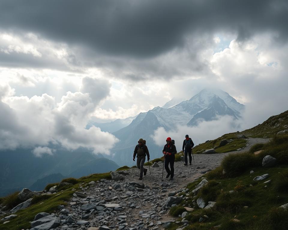 A stunning view of Tour du Mont Blanc under a dramatic sky, showcasing the mountain trail in the foreground. The trail is rugged, lined with stones and greenery, reflecting a sense of adventure and ruggedness. In the middle ground, hiker figures dressed in moderate, professional outdoor clothing, equipped with rain gear, carrying backpacks, appear cautious and alert to the changing weather. In the background, towering peaks of Mont Blanc loom, partially shrouded in dark, swirling storm clouds, indicating impending weather changes. Soft, diffused lighting breaks through the clouds, casting an ethereal glow on the scene, enhancing the atmosphere of both adventure and the importance of safety. The composition is shot at a slightly elevated angle to capture the expansive landscape and the hikers' careful navigation of the trail.