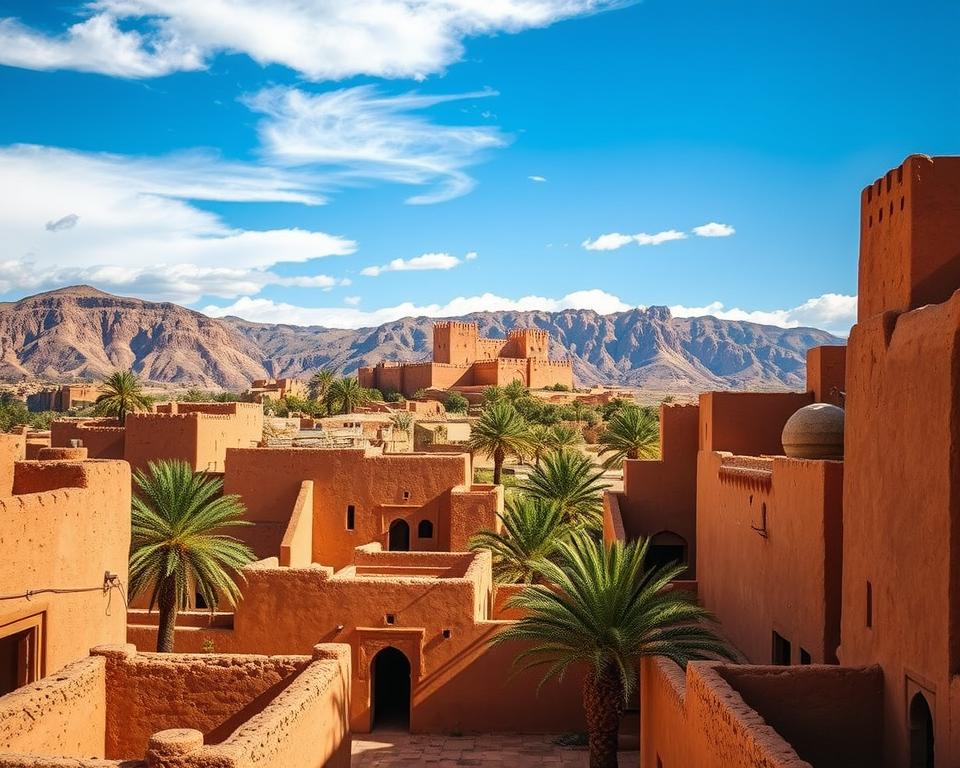 A stunning view of UNESCO World Heritage Site Ait Ben Haddou, showcasing the ancient earthen architectural structures with their characteristic golden ochre color under a brilliant blue sky. In the foreground, intricate mud-brick walls and arched doorways of the ksar invite exploration, while palm trees gently sway in the warm desert breeze. The middle ground features the impressive Kasbah rising majestically against the horizon, its towers and battlements illuminated by soft sunlight, casting long shadows. In the background, the rugged Atlas Mountains provide a dramatic backdrop, their peaks kissed by clouds. The atmosphere is serene and timeless, evoking a sense of history and cultural significance, captured from a slightly raised angle to highlight the grandeur of the site, with warm, natural lighting enhancing the textures and colors of the structures.