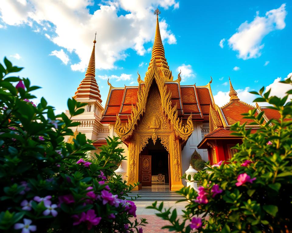 A stunning view of Wat Phra Singh in Chiang Mai, featuring its intricate golden chedis and traditional Lanna architecture. In the foreground, lush greenery with flowering plants frames the temple, adding vibrant colors. The middle ground showcases the ornate entrance gate and detailed carvings, inviting viewers into the temple complex. In the background, a brilliant blue sky enhances the scene, with soft clouds illuminating the temple's stunning features. The lighting is warm and golden, reminiscent of early evening, casting gentle shadows that accentuate the temple's textures. Capture this scene with a wide-angle lens to emphasize the grandeur of Wat Phra Singh while maintaining a serene and peaceful atmosphere. The image should evoke a sense of tranquility and reverence. A stunning view of Wat Phra Singh in Chiang Mai, featuring its intricate golden chedis and traditional Lanna architecture. In the foreground, lush greenery with flowering plants frames the temple, adding vibrant colors. The middle ground showcases the ornate entrance gate and detailed carvings, inviting viewers into the temple complex. In the background, a brilliant blue sky enhances the scene, with soft clouds illuminating the temple's stunning features. The lighting is warm and golden, reminiscent of early evening, casting gentle shadows that accentuate the temple's textures. Capture this scene with a wide-angle lens to emphasize the grandeur of Wat Phra Singh while maintaining a serene and peaceful atmosphere. The image should evoke a sense of tranquility and reverence.