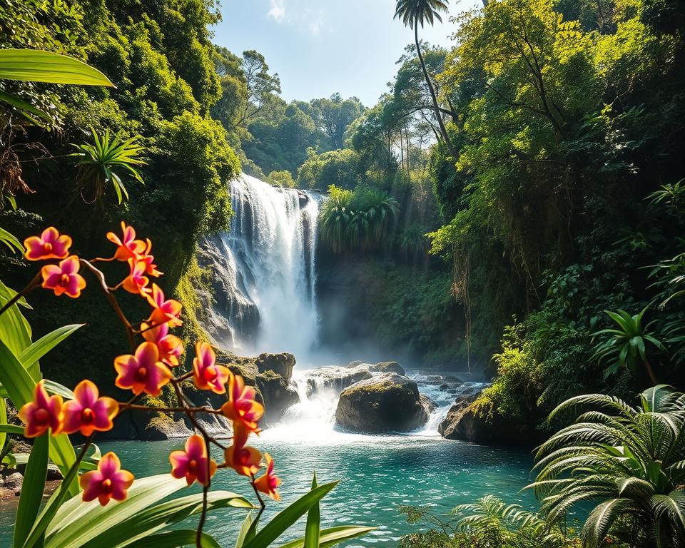 A stunning view of a Bali waterfall, cascading down lush green cliffs into a crystal-clear pool surrounded by tropical foliage. In the foreground, vibrant orchids and ferns frame the scene, while in the middle ground, the powerful waterfall rushes down amidst moss-covered rocks, creating mist and rainbows in the sunlight. The background reveals a dense jungle canopy under a bright blue sky, dappled with soft, warm sunlight filtering through the leaves. The atmosphere is serene yet invigorating, inviting viewers to experience the beauty and tranquility of nature. Capture this scene with a wide-angle lens, emphasizing the grandeur of the waterfall while ensuring the colors are rich and vibrant, enhancing the lushness of the environment. A stunning view of a Bali waterfall, cascading down lush green cliffs into a crystal-clear pool surrounded by tropical foliage. In the foreground, vibrant orchids and ferns frame the scene, while in the middle ground, the powerful waterfall rushes down amidst moss-covered rocks, creating mist and rainbows in the sunlight. The background reveals a dense jungle canopy under a bright blue sky, dappled with soft, warm sunlight filtering through the leaves. The atmosphere is serene yet invigorating, inviting viewers to experience the beauty and tranquility of nature. Capture this scene with a wide-angle lens, emphasizing the grandeur of the waterfall while ensuring the colors are rich and vibrant, enhancing the lushness of the environment.