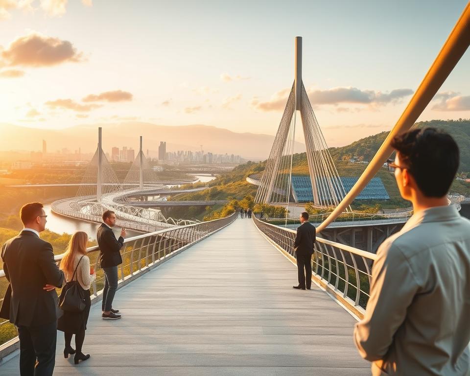 A stunning view of a modern bridge designed for climate adaptation, seamlessly integrating nature with advanced engineering. In the foreground, a diverse group of professionals in business attire discuss sustainable materials and preservation techniques. The middle ground features the bridge, showcasing innovative design elements like renewable energy solutions and greenery, while structural supports reflect environmental considerations. The background reveals a vibrant skyline and lush landscapes, hinting at urban and rural integration. Soft golden hour lighting bathes the scene, creating a hopeful and forward-looking atmosphere. The angle is slightly elevated, providing a comprehensive view of the interaction between the bridge and its surroundings, emphasizing harmony between engineering and ecology.