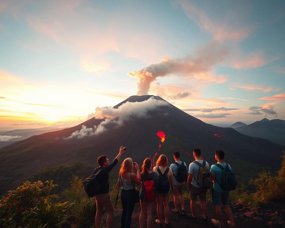 A stunning view of an active Indonesian volcano, with billowing smoke and vibrant red lava cascading down its slopes. In the foreground, a group of adventurous tourists clad in modest casual clothing is observing the volcano, equipped with hiking gear and cameras, while capturing the breathtaking scene. The middle ground features lush tropical vegetation and rocky terrain leading up to the volcano. In the background, a dramatic sunset casts warm hues of orange and pink across the sky, illuminating the scene with a soft glow. The atmosphere is exhilarating and adventurous, evoking a sense of wonder and discovery. The image should be captured from a slightly elevated angle, emphasizing the grandeur of the volcano and the tourists' awe. A stunning view of an active Indonesian volcano, with billowing smoke and vibrant red lava cascading down its slopes. In the foreground, a group of adventurous tourists clad in modest casual clothing is observing the volcano, equipped with hiking gear and cameras, while capturing the breathtaking scene. The middle ground features lush tropical vegetation and rocky terrain leading up to the volcano. In the background, a dramatic sunset casts warm hues of orange and pink across the sky, illuminating the scene with a soft glow. The atmosphere is exhilarating and adventurous, evoking a sense of wonder and discovery. The image should be captured from a slightly elevated angle, emphasizing the grandeur of the volcano and the tourists' awe.