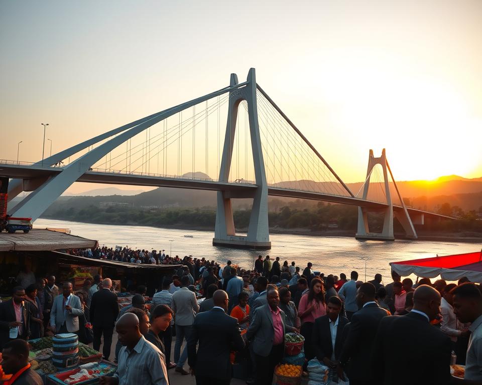 A stunning view of an iconic bridge in Africa, symbolizing development and regional connectivity. In the foreground, a vibrant marketplace bustling with people in professional business attire, engaging in lively trade. In the middle ground, a majestic, modern bridge arches gracefully over a flowing river, showcasing innovative architecture that blends with the landscape. The background features a picturesque sunset, casting warm golden hues over lush greenery and distant hills. The scene is illuminated by soft, diffused lighting, creating a hopeful and inspiring atmosphere. The image is captured from a slightly low angle to emphasize the grandeur of the bridge and the vibrancy of the community beneath it.