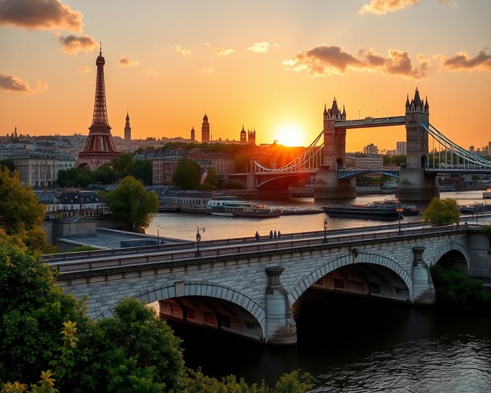 A stunning view of iconic European bridges, showcasing the architectural beauty and cultural significance of each. In the foreground, a traditional stone bridge spans a serene river, with lush greenery and quaint houses along the banks. The middle layer features famous landmarks like the Eiffel Tower and the Tower Bridge, artfully blended to create a cohesive scene. In the background, a sunset casts warm golden light over the cityscape, enhancing the atmosphere of historical grandeur. The scene is captured from a slightly elevated angle, providing a panoramic view. Soft clouds drift across the sky, adding depth to the image. The overall mood is inviting and nostalgic, reflecting Europe’s rich heritage of bridge engineering and design.