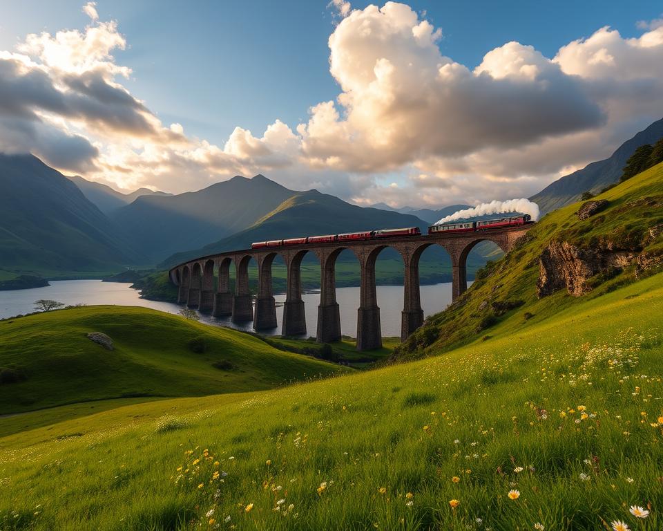 A stunning view of the Glenfinnan Viaduct, with the iconic Hogwarts Express traversing its arches. In the foreground, lush green hills gently slope down, adorned with bright wildflowers. The middle ground features the majestic stone viaduct, its intricate arches stretching gracefully across a shimmering lake. The train emits a puff of white steam as it travels, evoking nostalgia. In the background, the rugged mountains rise under a dramatic sky, with soft clouds illuminated by warm, golden sunlight, casting dynamic shadows over the landscape. Capture the vibrant colors and enchanting atmosphere, immersing the viewer in the magic of this iconic film location. Use a wide-angle lens to enhance the grandeur of the scene, with a focus on depth and clarity.