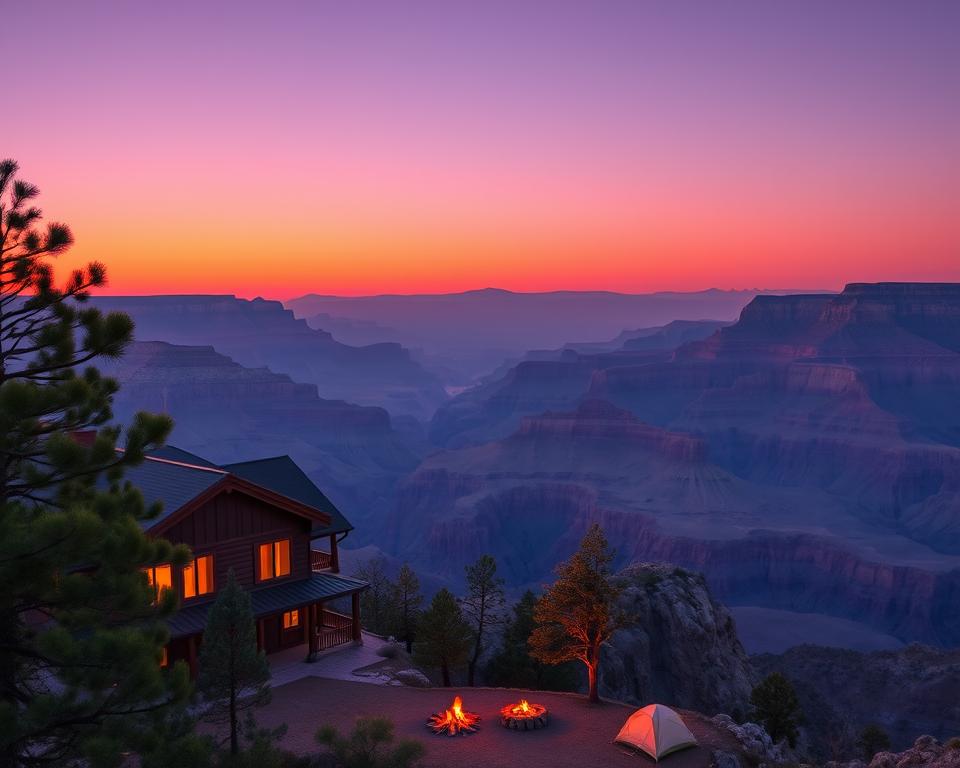 A stunning view of the Grand Canyon at sunset, showcasing the vibrant orange and purple hues reflecting off the canyon walls. In the foreground, a cozy lodge with rustic wooden architecture is nestled among the pine trees, emanating warm light from its windows. A campsite with a glowing campfire and a tent can be seen nearby, suggesting an inviting atmosphere for visitors. In the middle ground, the vast expanse of the canyon stretches into the distance, with layers of geological formations creating depth and texture. The sky is clear, providing a tranquil, serene mood, accented by the soft glow of twilight. Use a wide-angle lens perspective to capture the grandeur of the landscape, emphasizing the wilderness experience of lodging and camping in the park.