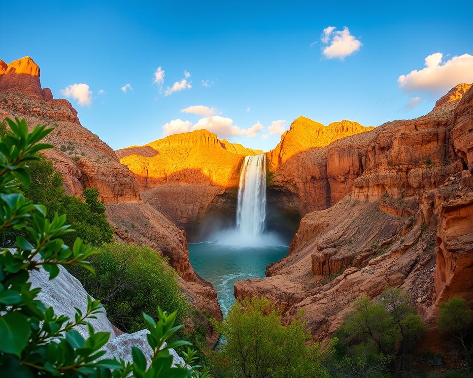 A stunning view of the Grand Canyon waterfall, captured in high-resolution photography. In the foreground, vibrant greenery surrounds the cascading water, with glistening droplets catching the sunlight. The middle ground features the powerful waterfall plunging into a crystalline pool, surrounded by smooth, weathered rocks reflecting various shades of brown and orange. The background showcases the towering canyon walls bathed in warm, golden light during the golden hour, with soft clouds dotting the bright blue sky. The overall atmosphere is serene yet awe-inspiring, evoking a sense of wonder and tranquility. Use a wide-angle lens to emphasize the grandeur of the scene, capturing the depth and scale of the canyon and waterfall. A stunning view of the Grand Canyon waterfall, captured in high-resolution photography. In the foreground, vibrant greenery surrounds the cascading water, with glistening droplets catching the sunlight. The middle ground features the powerful waterfall plunging into a crystalline pool, surrounded by smooth, weathered rocks reflecting various shades of brown and orange. The background showcases the towering canyon walls bathed in warm, golden light during the golden hour, with soft clouds dotting the bright blue sky. The overall atmosphere is serene yet awe-inspiring, evoking a sense of wonder and tranquility. Use a wide-angle lens to emphasize the grandeur of the scene, capturing the depth and scale of the canyon and waterfall.